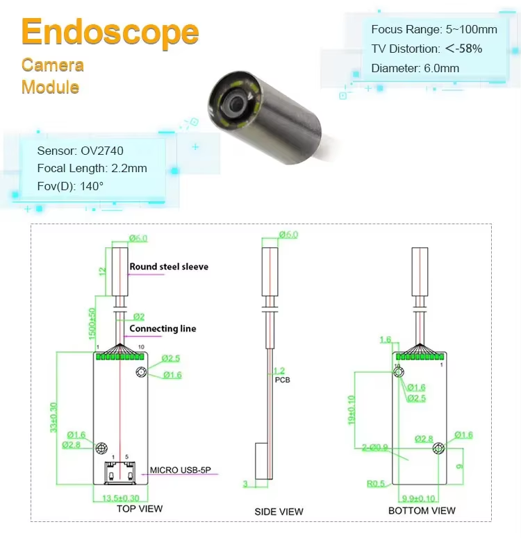 2-Megapixel-Ganzglas-Endoskopkameramodul mit OV2740-Sensor